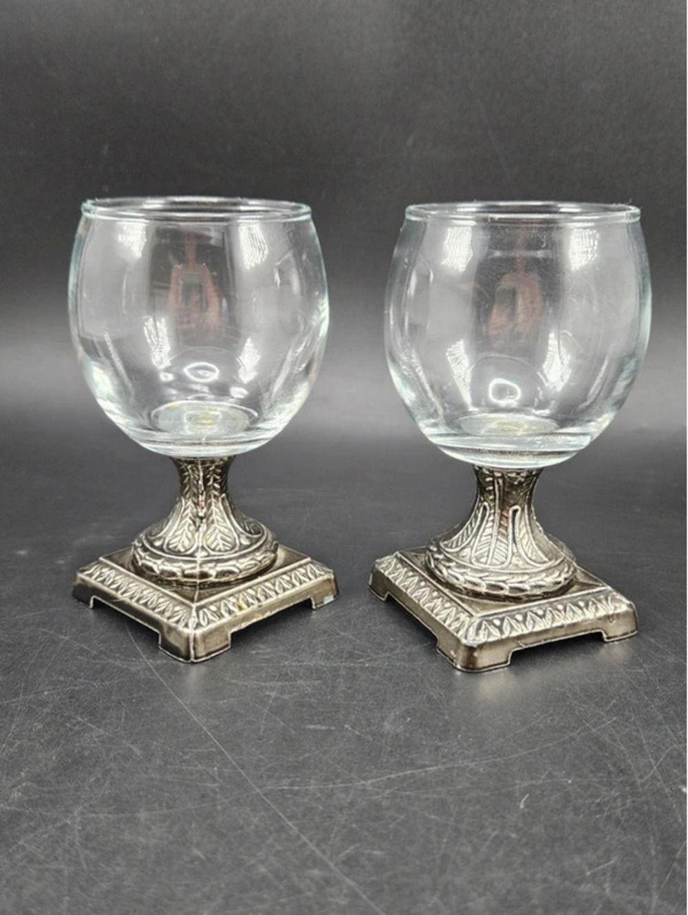 Vintage Silver-Tone Square Base Glass Pedestal Goblets / Chalices Whimsgoth